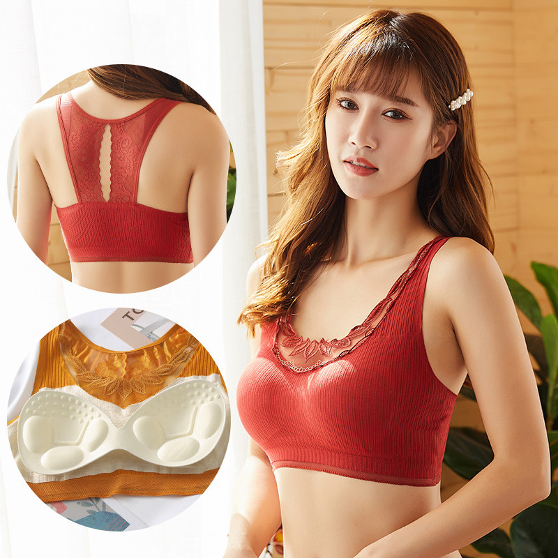 红色美背美胸透明蕾丝文胸聚拢抹胸裹胸带一体胸垫加厚胸罩无钢圈