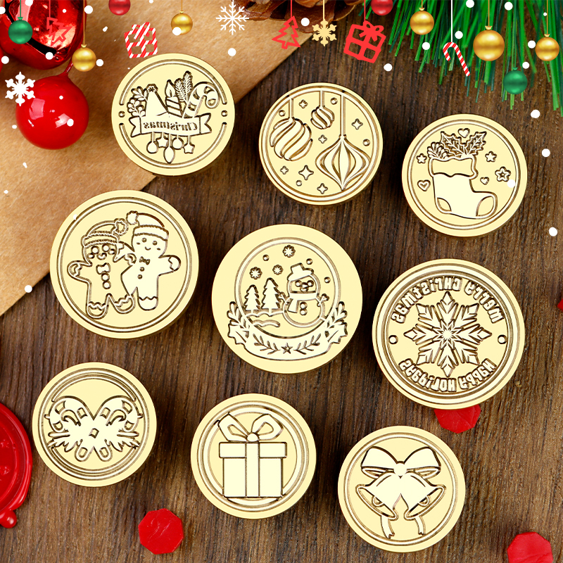 火漆印章铜头新款圣诞系列节日仪式感礼物包装信封贺卡盖印实心精雕黄铜头磨砂浮雕卡通风格