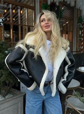 Women Patchwork Pu Leather Fur Lambswool Cropped Jacket Fash