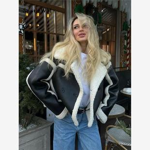 Women Patchwork Pu Leather Fur Lambswool Cropped Jacket Fash