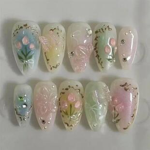 24pcs Short Almond Press on Nails 3D Flower Butterfly Fake N