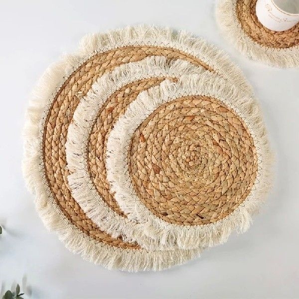 Straw Woven Placemats Bohemian Tassel Thick Mat Bushel Cup
