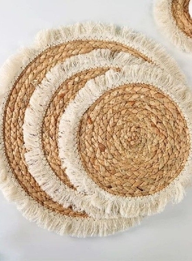 Straw Woven Placemats Bohemian Tassel Thick Mat Bushel Cup