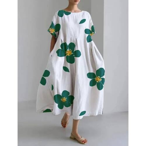 Fashion Lady Short Sleeve Big Swing Loose Maxi Dress Retro W