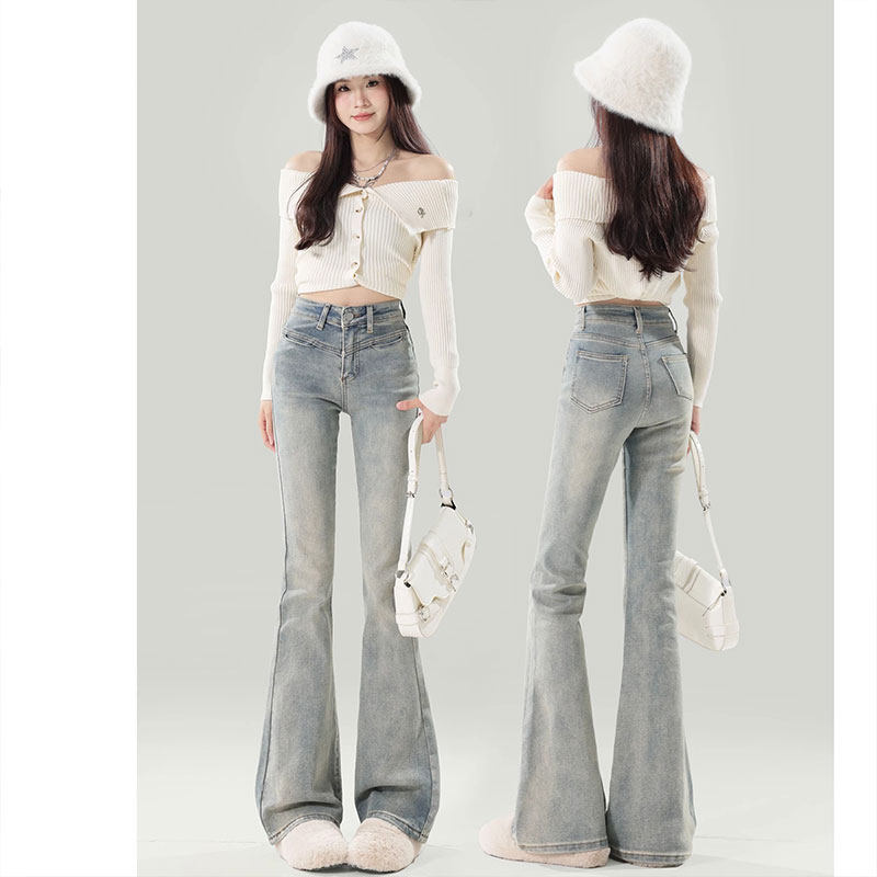 蓝色高腰微喇牛仔裤女2025年春秋季新款修身显瘦不贴腿马蹄喇叭裤,女装/女士精品,牛仔裤,淘宝优惠券,粉丝福利购,淘宝优惠卷