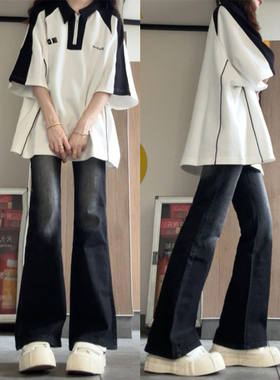 黑灰色美式高街微喇叭牛仔裤女春秋大码新款高腰直筒阔腿拖地裤子