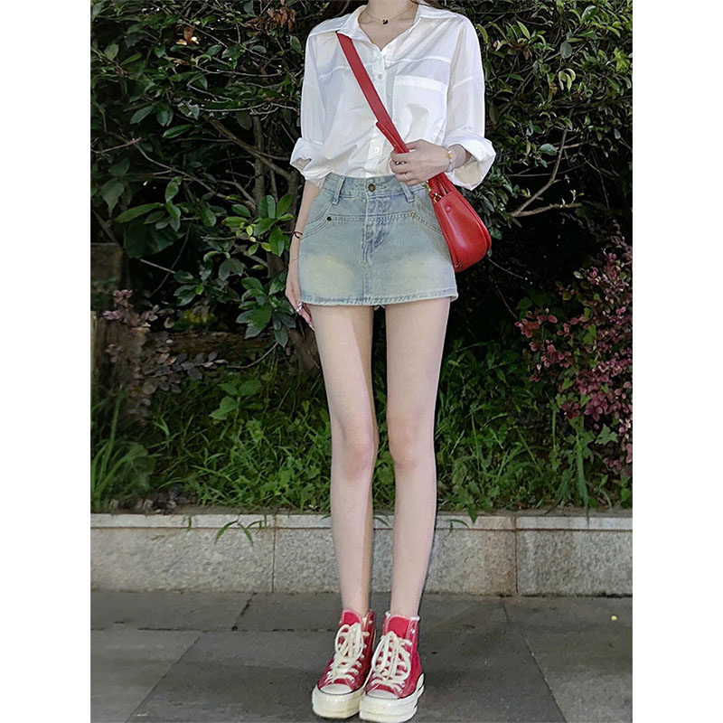 浅蓝色牛仔裙裤女夏季薄款小个子修身显瘦遮肚子a字包臂半身裙裤
