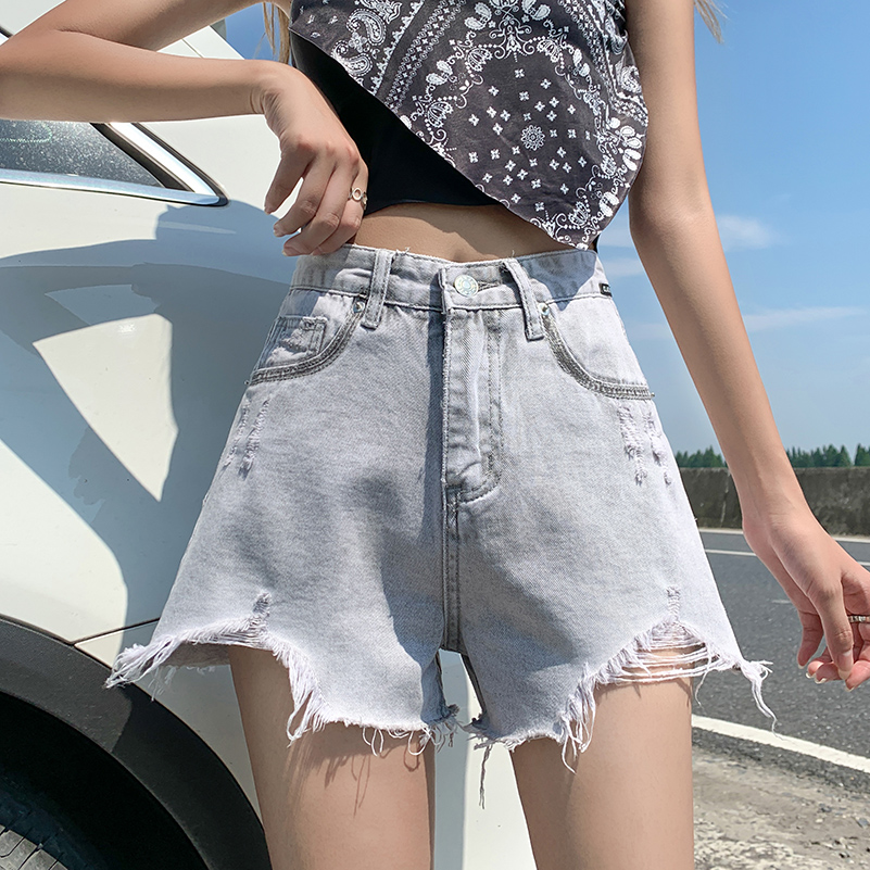 辣妹灰色破洞牛仔短裤女夏季薄款宽松大码胖妹妹mm显瘦a字热裤ins