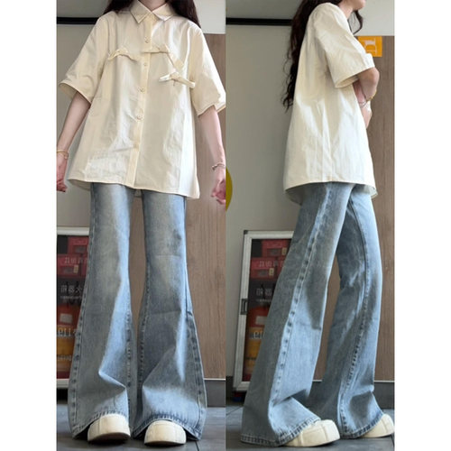 浅蓝色微喇牛仔裤女加绒马蹄裤