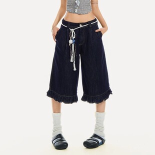 显瘦阔腿牛仔中裤 荷叶边设计感直筒七分牛仔裤 宽松大码 时尚 女夏季
