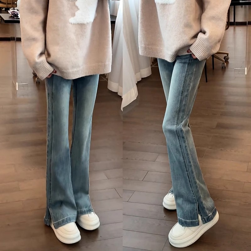春秋新款小个子开叉微喇牛仔裤女