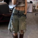 百搭高腰显瘦阔腿做旧五分牛仔短裤 美式 新款 复古破洞牛仔裤 女夏季