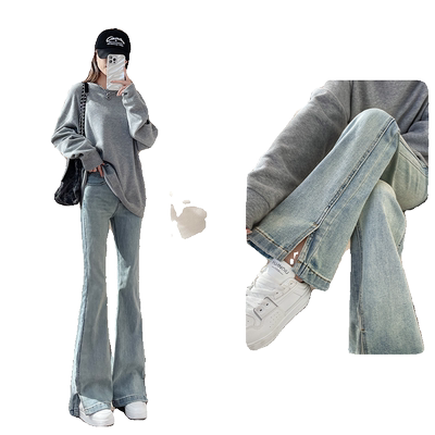 春秋新款小个子开叉微喇牛仔裤女