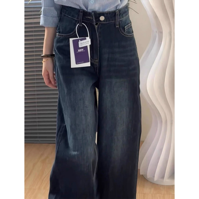 深蓝色高腰直筒阔腿牛仔裤女图片
