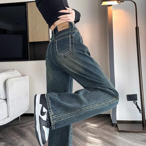 水泥灰直筒牛仔裤女春秋新款