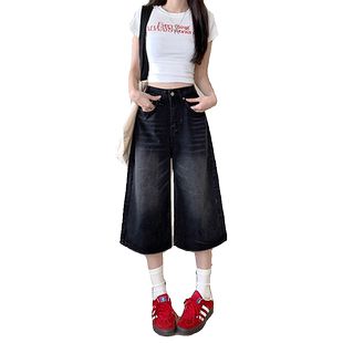 美式黑色七分牛仔短裤女夏季辣妹宽松大码胖mm五分直筒阔腿中裤子