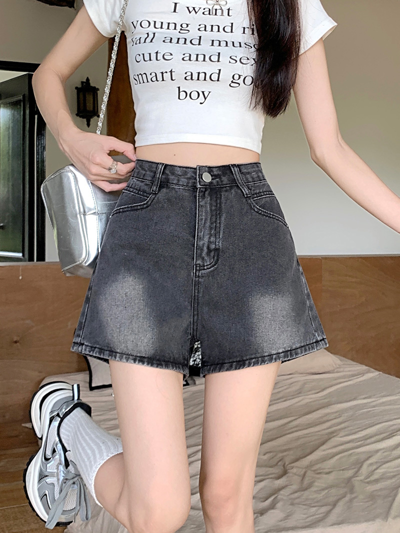 甜辣牛仔短裤女夏季新款高腰显瘦宽松a字大码百搭黑灰色阔腿热裤
