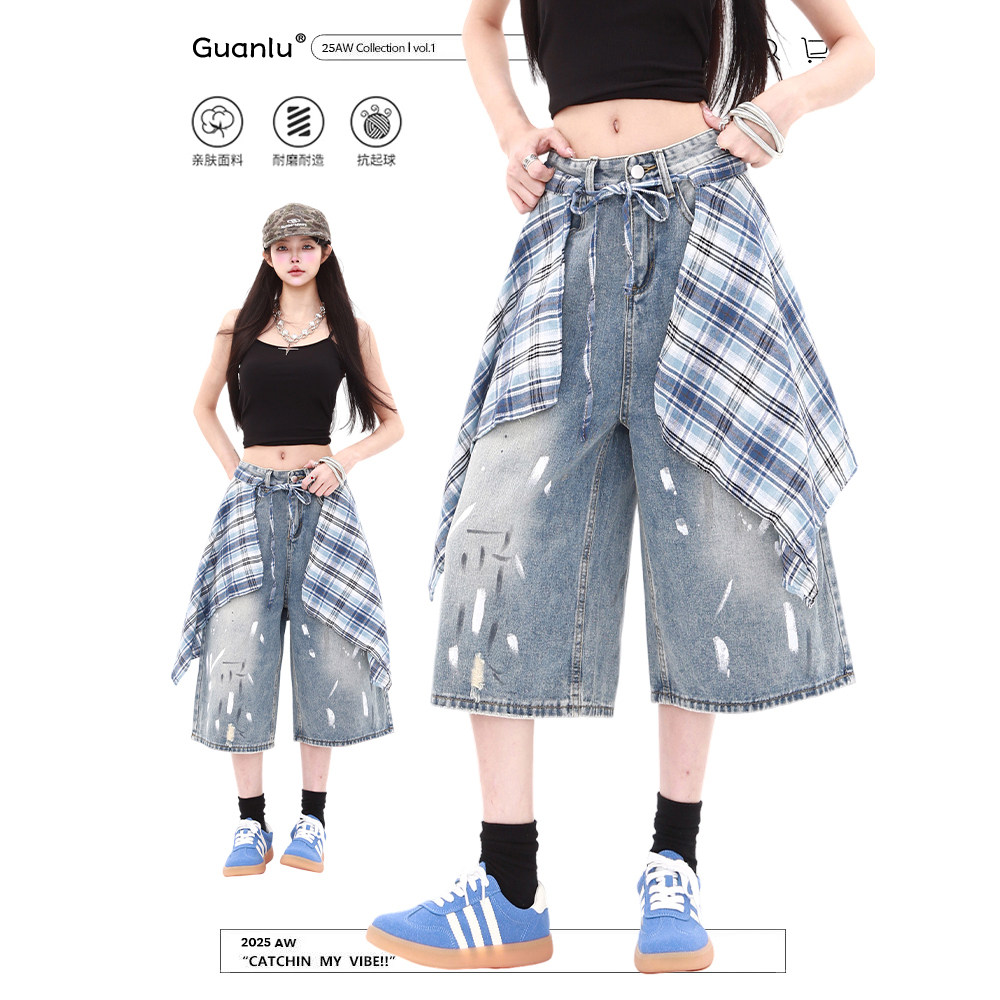 夏季泼墨设计阔腿直筒七分裤女图片
