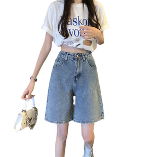 开叉牛仔短裤女夏季薄款高腰宽松显瘦港味大码直筒阔腿五分中裤潮