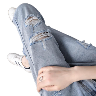 高腰破洞牛仔裤女春秋季新款ins潮大码胖妹妹mm宽松老爹萝卜裤子