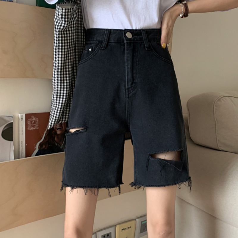 黑色破洞牛仔短裤女五分裤