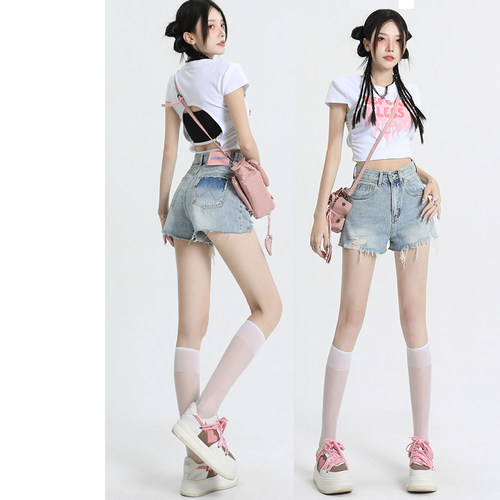 夏季新款设计感破洞牛仔短裤女