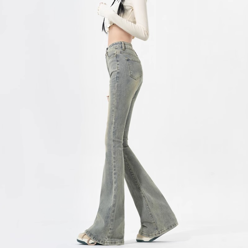 黄泥染微喇牛仔裤女秋冬拖地裤