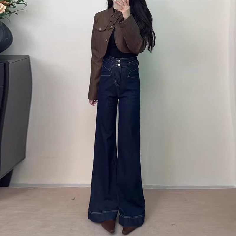 丹宁蓝大码胖微喇叭牛仔裤女