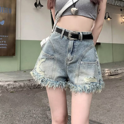 美式辣妹破洞毛边牛仔短裤女夏季小众大码设计感高腰a字热裤子潮