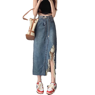 大码胖妹辣妹不规则破洞牛仔半身裙女夏季高腰显瘦中长款a字裙子