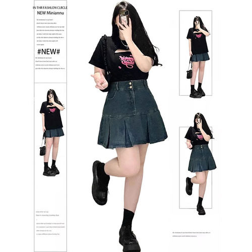 夏季防走光牛仔百褶半身短裙女