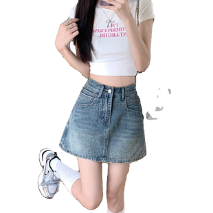 复古蓝牛仔短裙女高腰夏季大码胖mm宽松显瘦梨形身材a字半身裙子