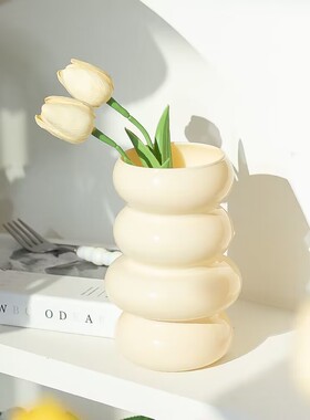 步步高升花瓶奶黄白色花瓶轻奢玻璃花瓶毛毛虫创意花瓶摆件奶油风