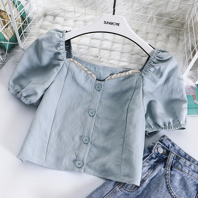 复古法式泡泡袖雪纺衫女夏季2020新款短款赫本风锁骨蓝色方领上衣