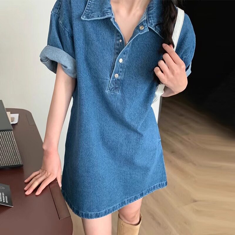 韩国chic夏季复古气质polo领设计感小众宽松卷边短袖牛仔连衣裙女