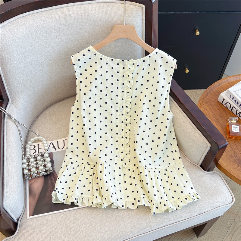 法式后背木耳边单排扣波点背心女2025夏季新款高级感无袖短款上衣,女装/女士精品,衬衫,淘宝优惠券,粉丝福利购,淘宝优惠卷