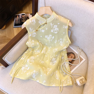 新中式黄色植绒蕾丝衬衫女夏季新款轻国风盘扣旗袍领网纱无袖上衣