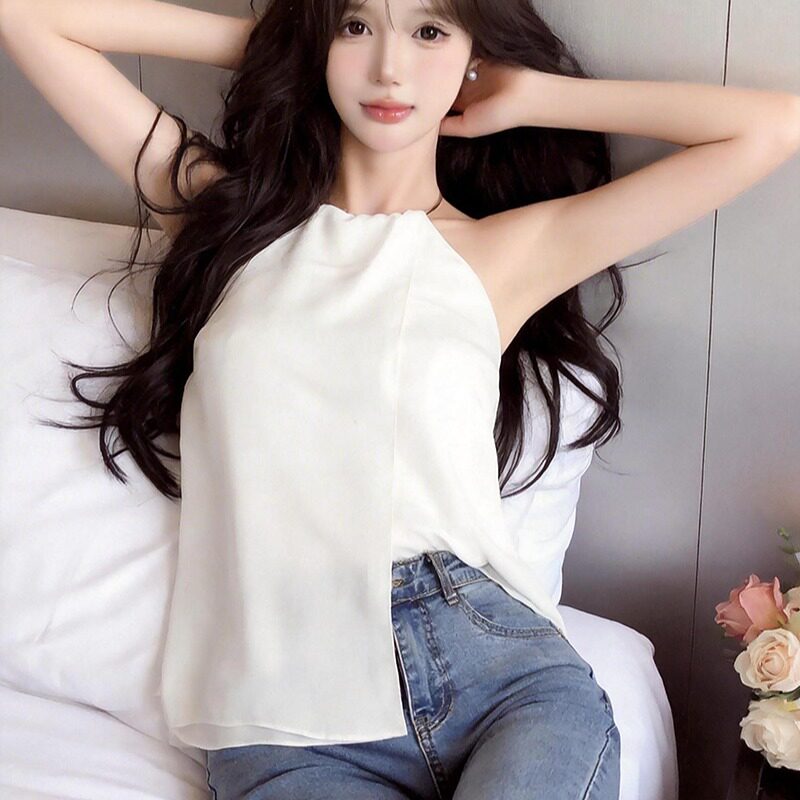 性感金属项圈挂脖露肩吊带背心女夏新款时尚气质宽松无袖雪纺上衣