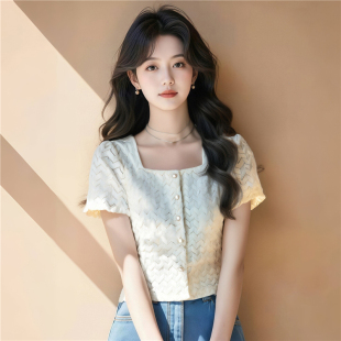 衬衫 别致短款 女夏季 设计感气质减龄短袖 上衣 新款 高级感方领泡泡袖