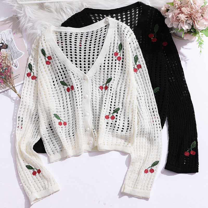 缕空针织开衫女薄款2020年秋季新款韩版v领宽松百搭樱桃洋气毛衣
