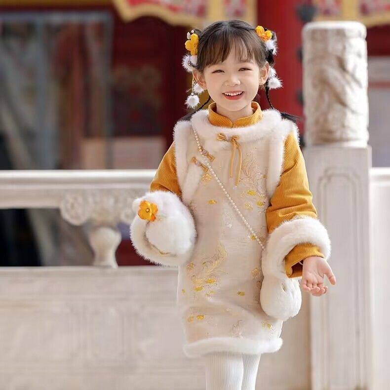 汉服女童秋冬季加绒加厚新中式旗袍中国风儿童拜年服宝宝周岁礼服