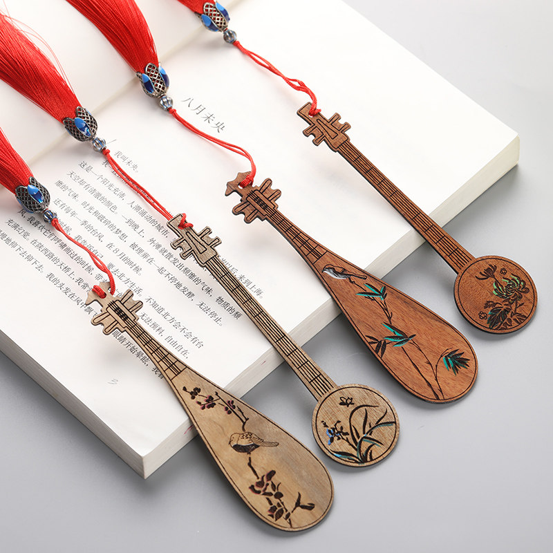 古典中国风彩绘琵琶梅兰竹菊金丝楠血檀流苏木书签 古风开学教师节礼物生日毕业礼品个性定制刻字送老师S37