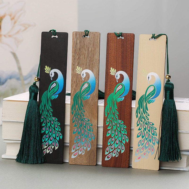 C1-24 复古典中国风手工彩绘孔雀凤凰红木质书签 黑檀木制古风毕业礼物创意 diy纪念品礼品个性订制定制刻字