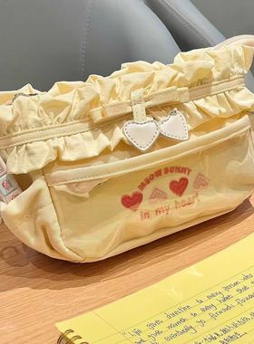 芝士奶黄色前透明笔袋大容量多层文具盒高颜值手提铅笔盒刺绣痛包