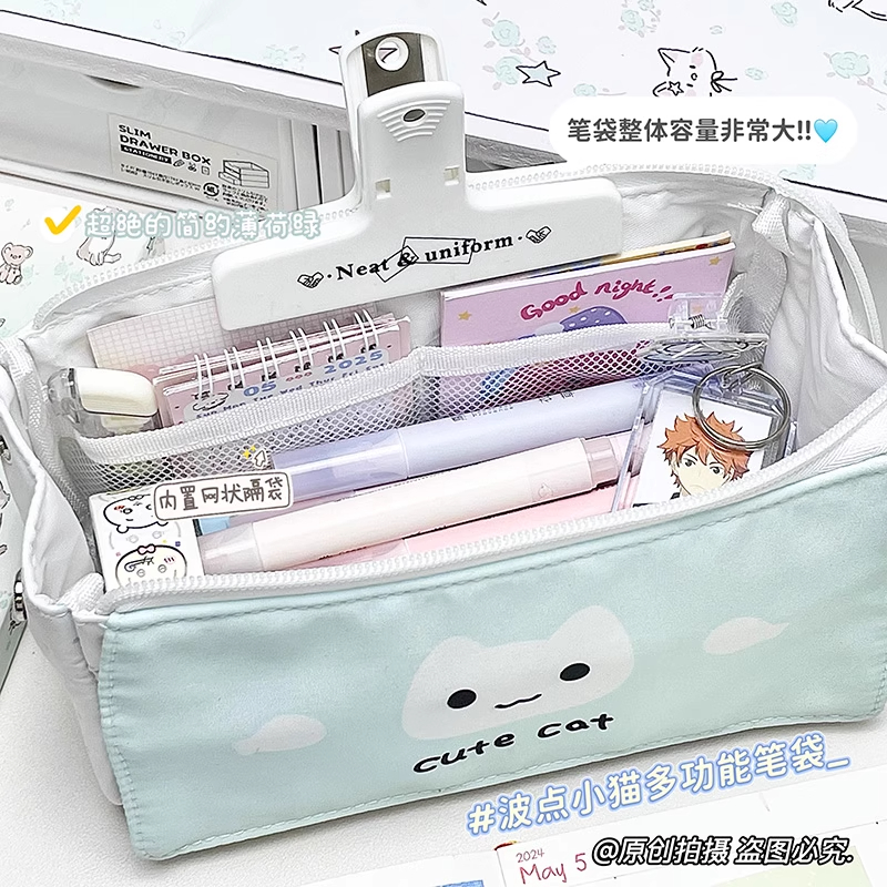 三角纽扣立体波点小猫笔袋大容量