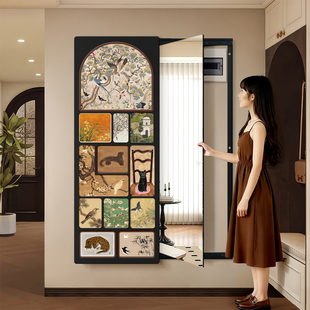 中古风镜子全身镜上墙隐藏式推拉镜门后电表箱遮挡装饰画穿衣镜