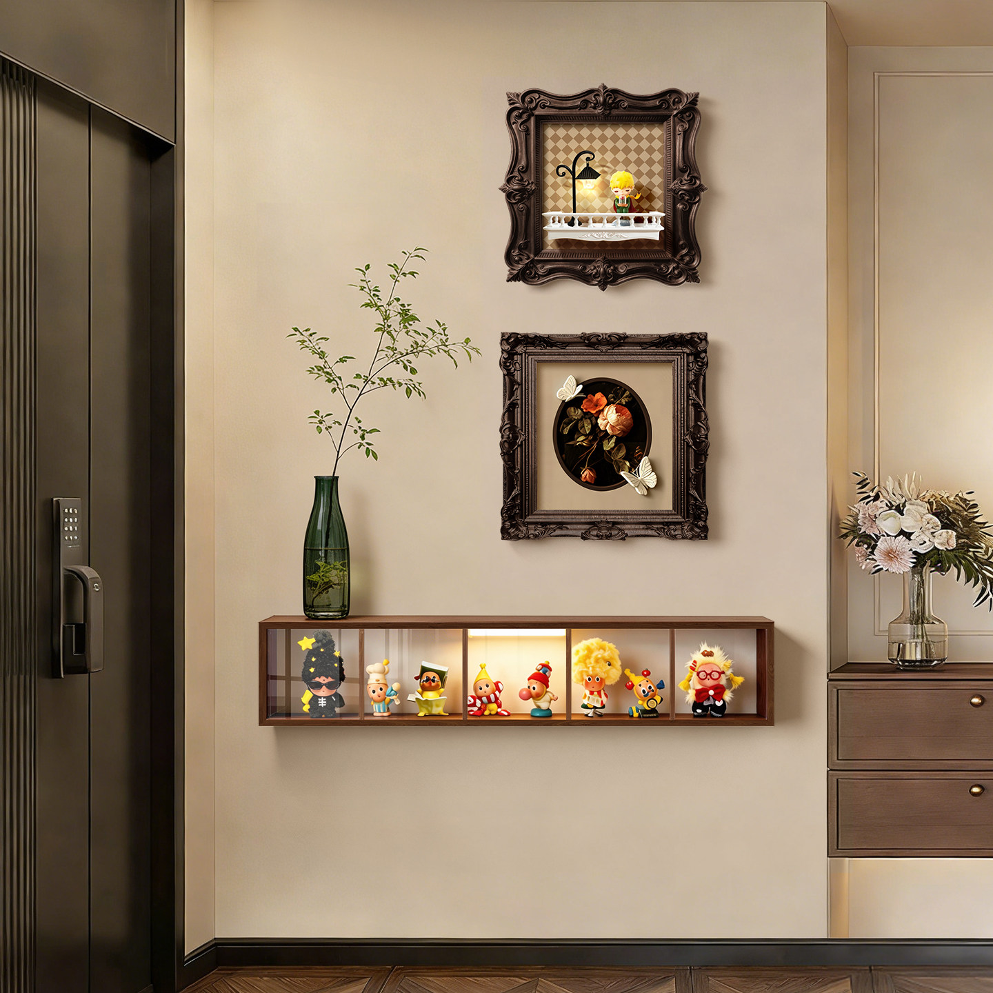 中古风玄关装饰画2026新款盲盒置物架挂画走廊尽头手办展示壁画