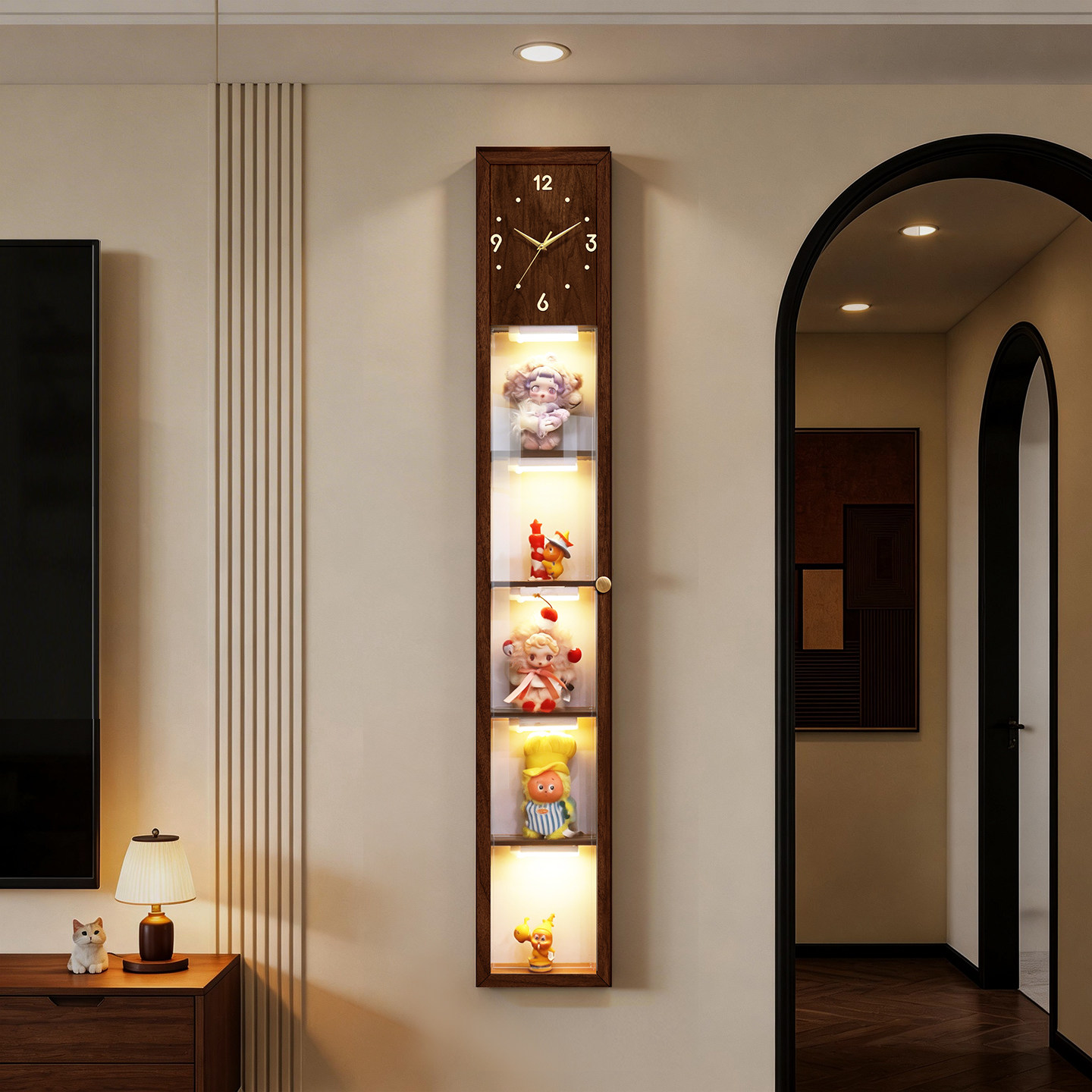 中古风挂钟客厅2026新款免打孔带灯盲盒收纳展示架时钟置物架钟表