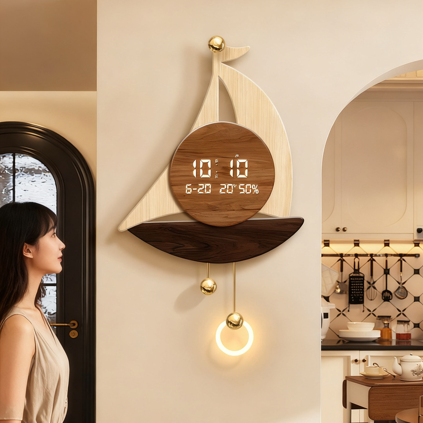 中古风客厅钟表2026新款电子时钟万年历挂墙餐厅高级感挂钟壁灯画,家居饰品,挂钟,淘宝优惠券,粉丝福利购,淘宝优惠卷