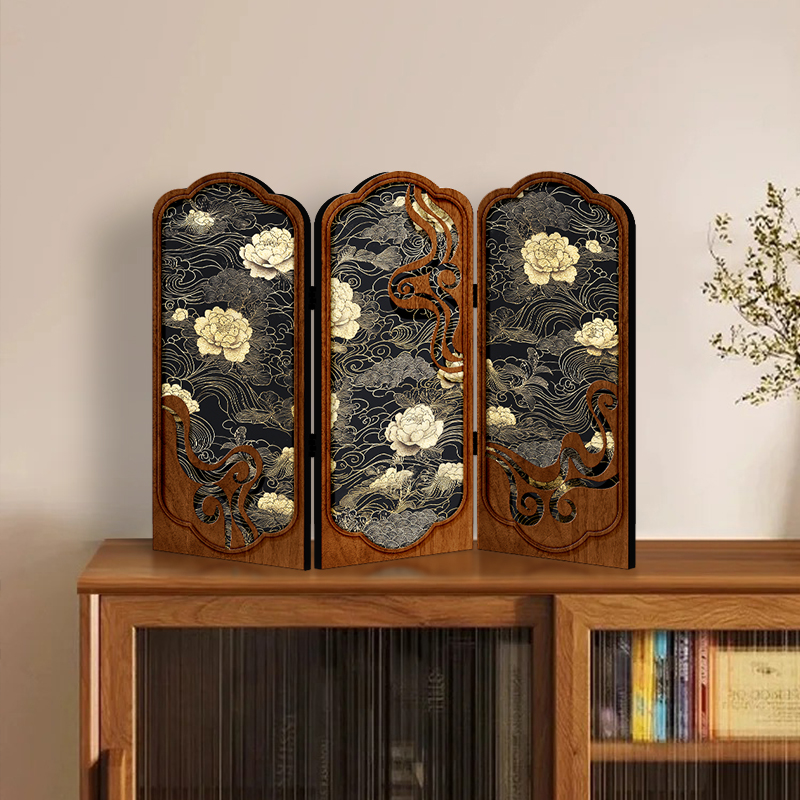中古风桌面小屏风摆件牡丹客厅装饰画复古茶室玄关边柜可折叠摆画图片